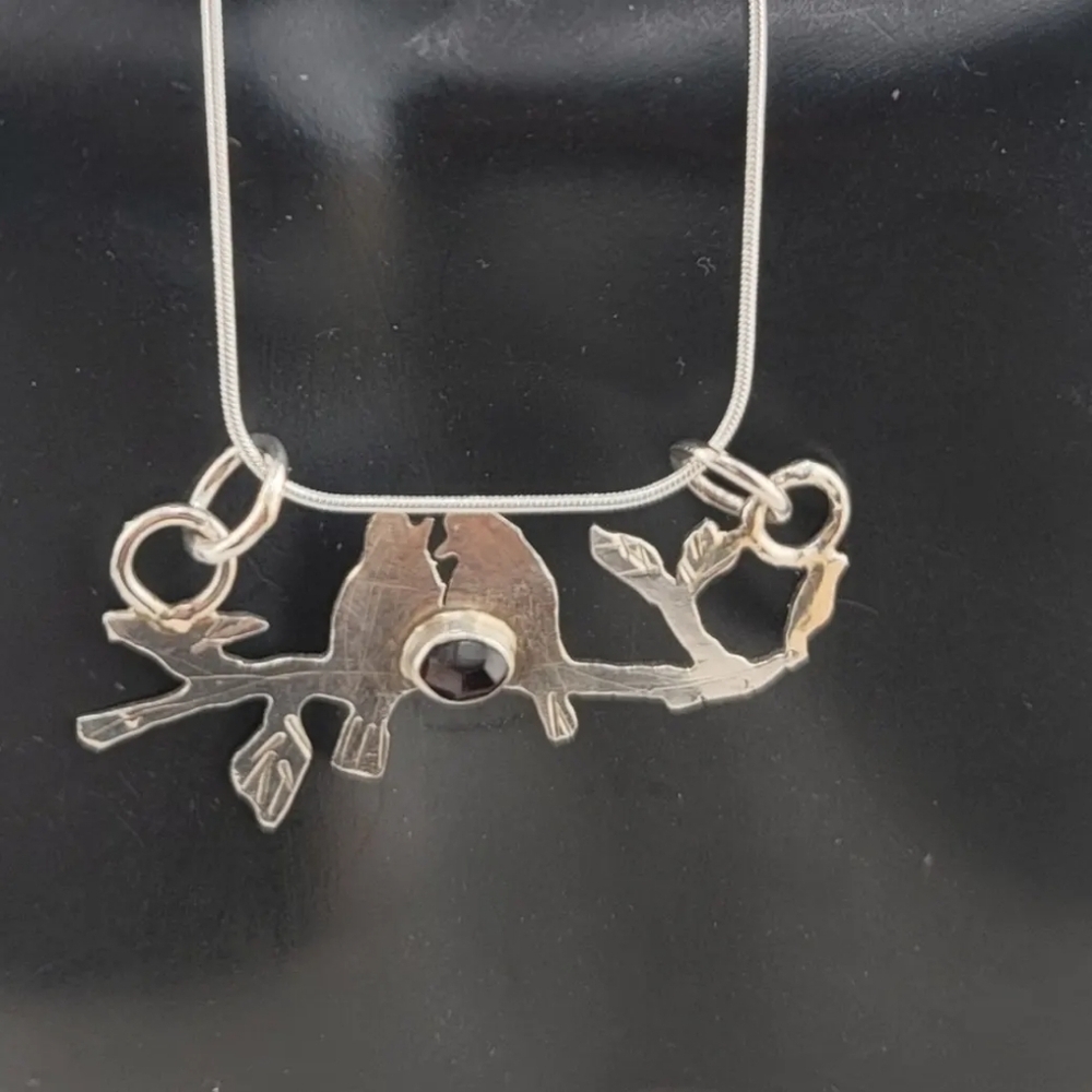 GARNET LOVEBIRDS PENDANT HANDMADE IN STERLING SILVER METAL About 18" Of Length